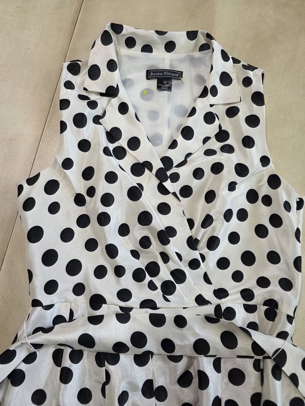 Jessica Howard Polka Dot Wrap Dress Sleeveless Belted Retro White Black Size 10